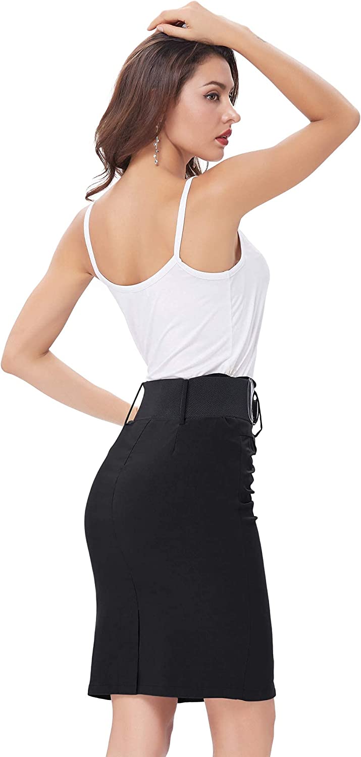Women's Stretchy Pencil Skirt Side Pleated Business Skirts with Belt KK271(28 Color) - Image 5